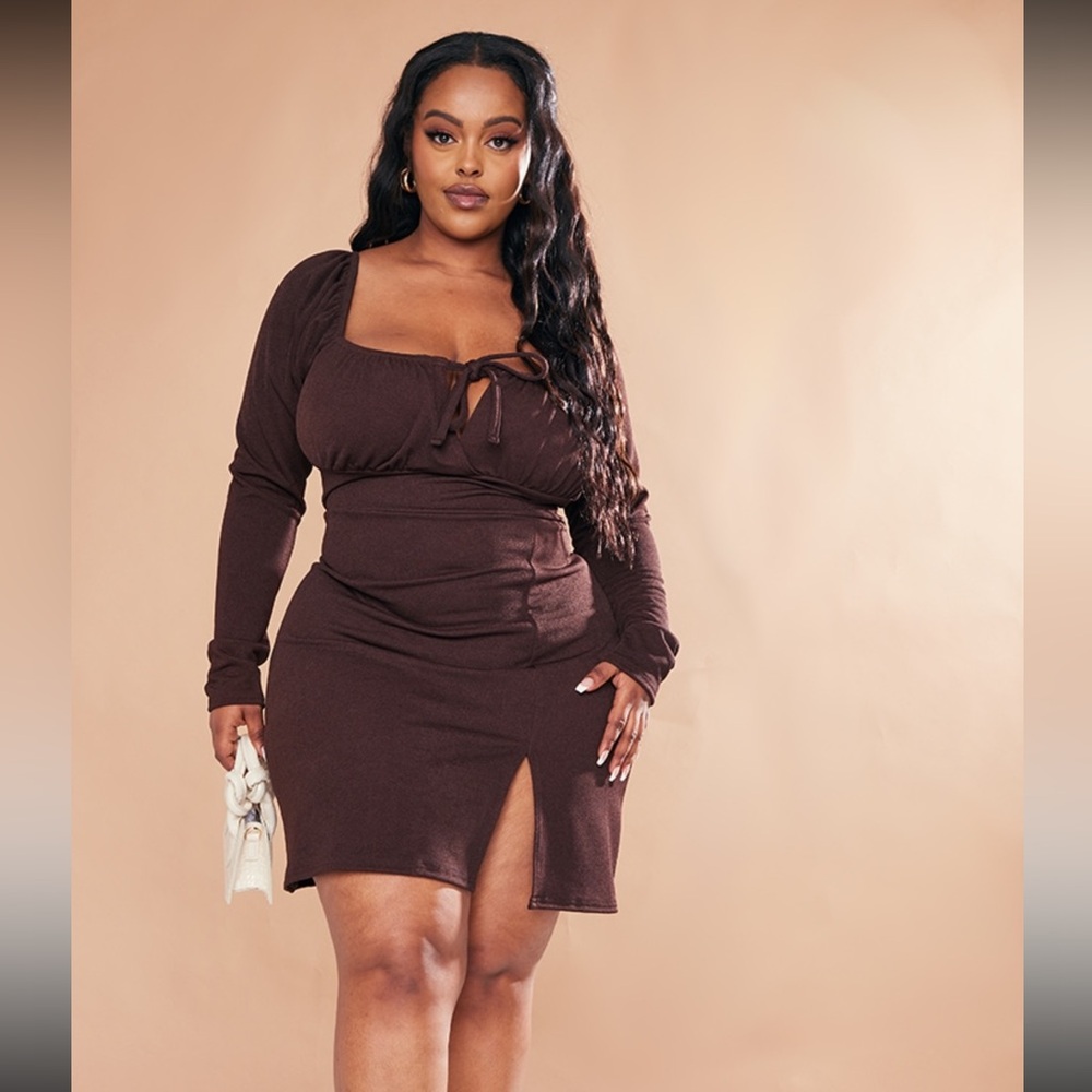 Plus Chocolate Puff Sleeve Tie Front Bodycon Dress from PrettyLittleThing